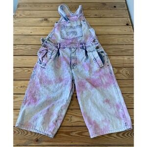 Vintage Slick Denim Wide Leg Overall Shorts Size Medium Women’s Blue Pink